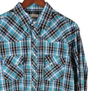 Wrangler Western Shirt Mens Large Blue Black Plaid Pearl Snap Long Sleeve Large‎